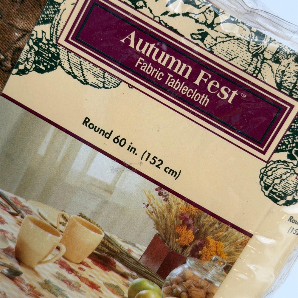 Autumn Fest Kmart Round 60 Inch Cotton Tablecloth Fall Leaves Gingham Yellow NEW